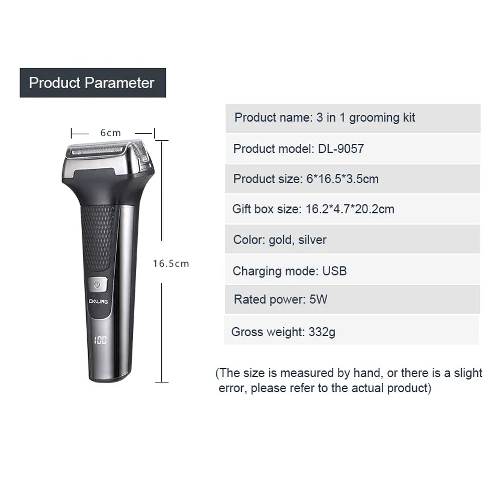 3 in 1 Multifunctional Shaver / Ear and Nose Trimmer/ Hair Clipper for Men, Easy to Use, Cordless Use LED Display Fast